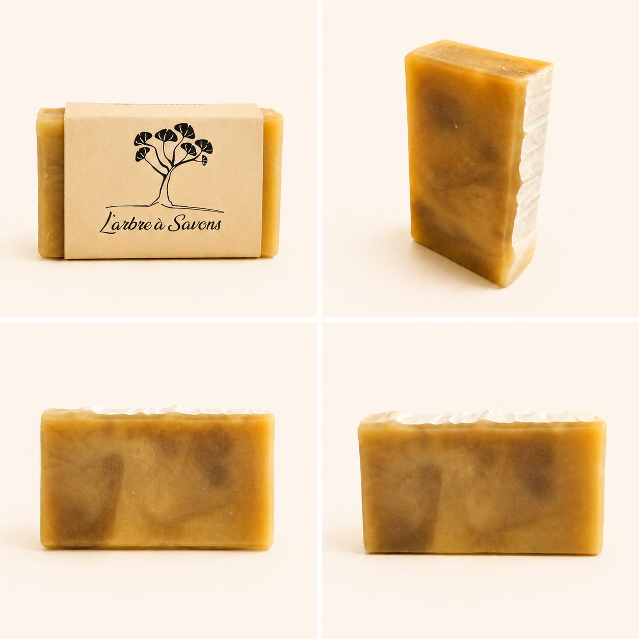 Montage de quatre vues du Savon Lavandou artisanal au lait de chèvre et lavande